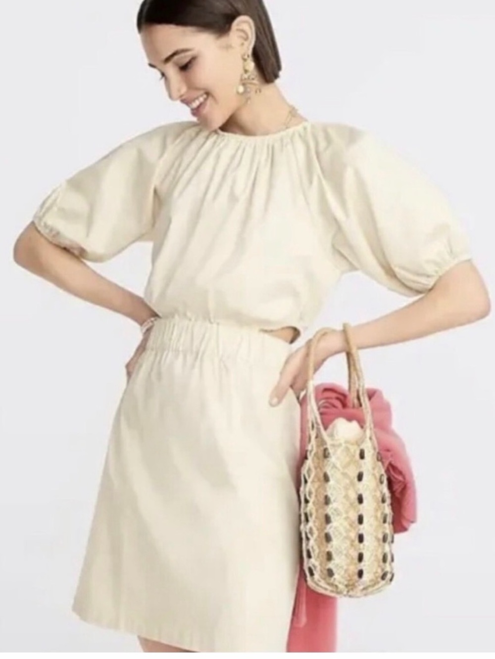 J.Crew Cream Cutout Waist Puff Sleeve Dress Cotton Size 4